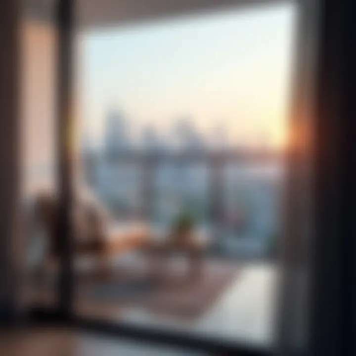 A view of the skyline from a studio apartment balcony in International City, emphasizing urban lifestyle.