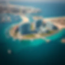 A stunning aerial view of Bluewaters Island showcasing its unique architecture and waterfront