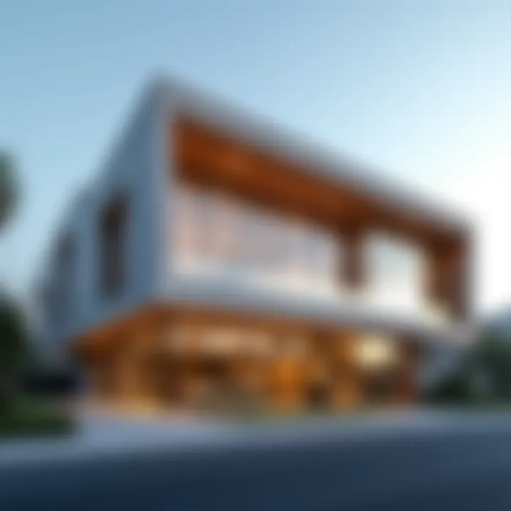 Exterior view of Mirdif Hills sales office showcasing modern architecture