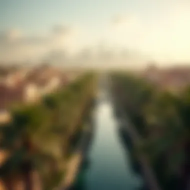 An aerial view of Dubai's urban landscape with date palms integrated into the environment.