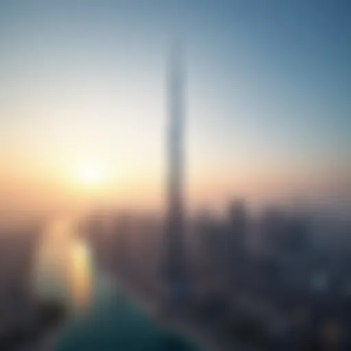 A panoramic view of the tallest tower in Dubai, showcasing its majestic height against the skyline.